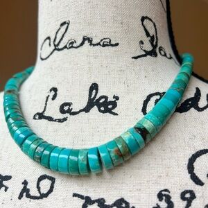 Blue Turquoise Heishi Stabilized Graduated Navajo Sterling Silver Necklace